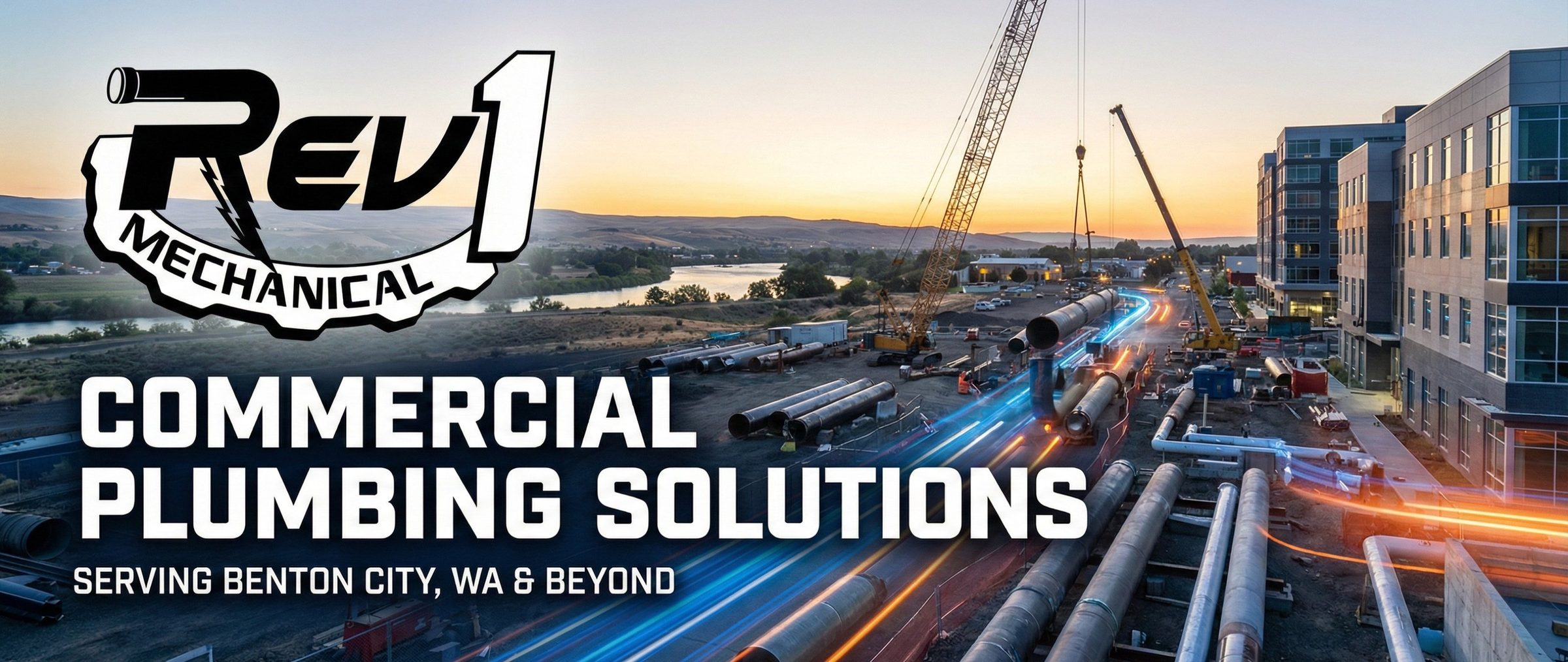 Rev1 Mechanical, Commercial Plumbing Solutions, serving Benton City, WA and beyond. Pipe installation at a commercial building site at sunset.
